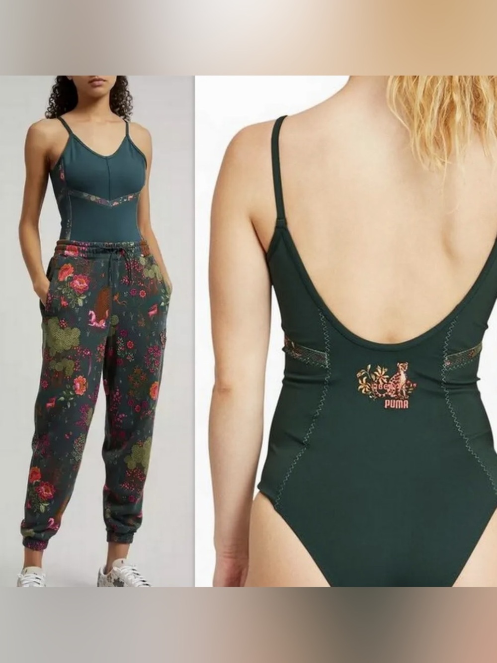 Puma Dark Teal Floral-Trim Scoop Back Bodysuit